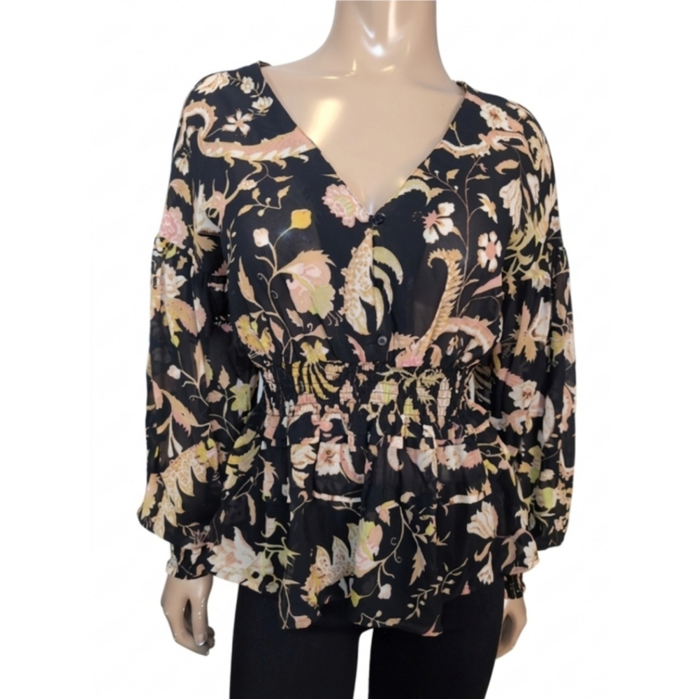 Sheer Floral Paisley Smocked Peplum Blouse Vneck Relaxed Black Tan Top